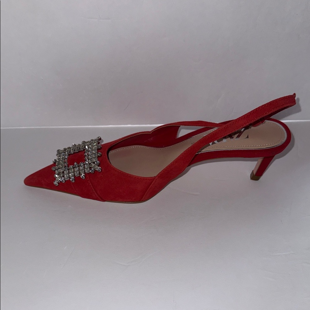 Zara Red Suede Rhinestone Brooch Pointy Toe Mid-heel Slingback Heels EU Sz 36 - Picture 5 of 8